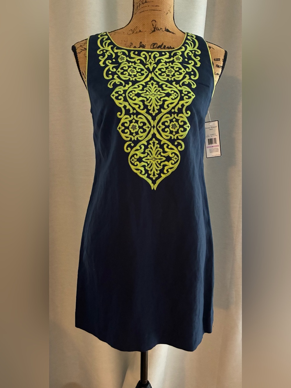 Jessica Howard Navy Midi Dress with Neon Yellow Embroidery